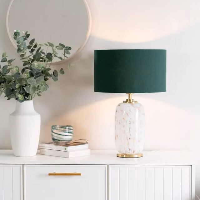 ValueLights India Green Table Lamp with White Confetti Glass Base and Fabric Drum Shade