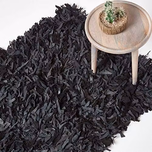 HOMESCAPES Dallas Modern Designer Real Leather Shaggy Rug in Black and Grey, W: 120 cm, D: 180 cm