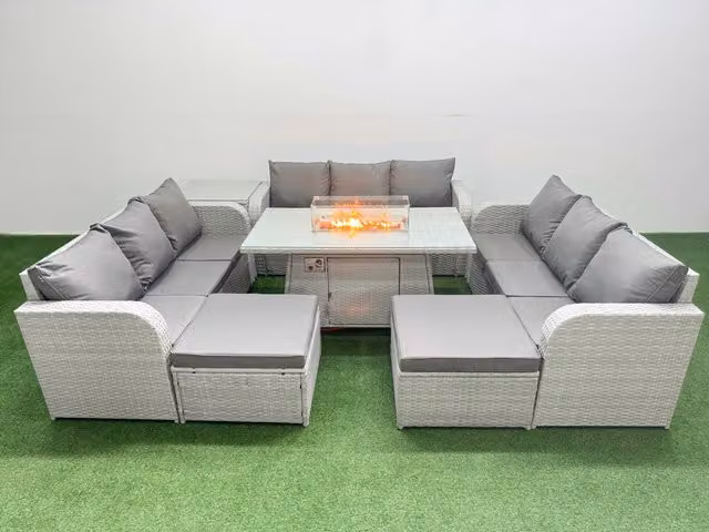 Fimous 11 Seater PE Rattan Outdoor Garden Furniture Set with Firepit Dining Table, 3 Seater Sofa, 2 Big Footstools and Side Table in Light Grey