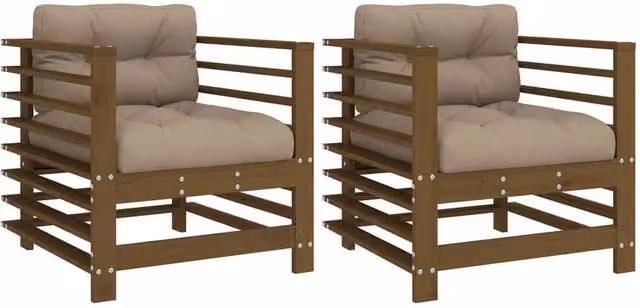 Berkfield Home Rustic Solid Wood Pine Garden Chairs with Cushions, Set of 2, Honey Brown