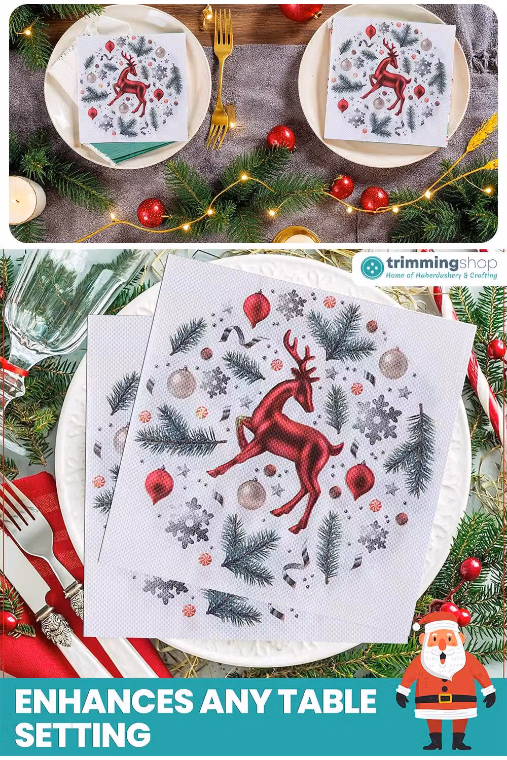 Neel Blue Red Reindeer and Pine Leaves White Paper Napkins, 20 Pieces, 33 cm – 3