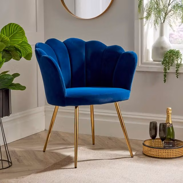 Home Source Scallop Compact Padded Accent Armchair in Blue Velvet and Boucle with Metal Legs