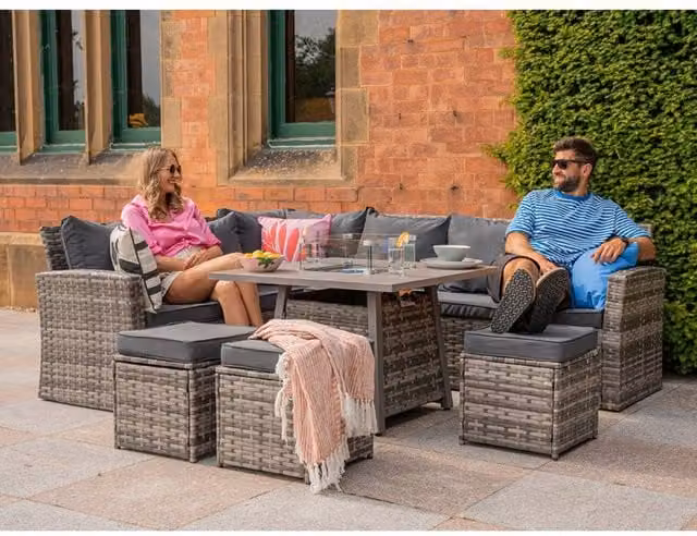 Furniture Maxi 9 Seater Rattan Garden Furniture Set with Cubic Fire Pit Table in Grey