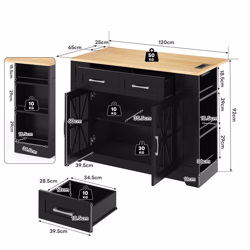 BTM Black Kitchen Island on Wheels with Folding Tabletop, Glass Doors and USB Charging Port, W/D/H: 93.5 x 70 x 70 cm – 5