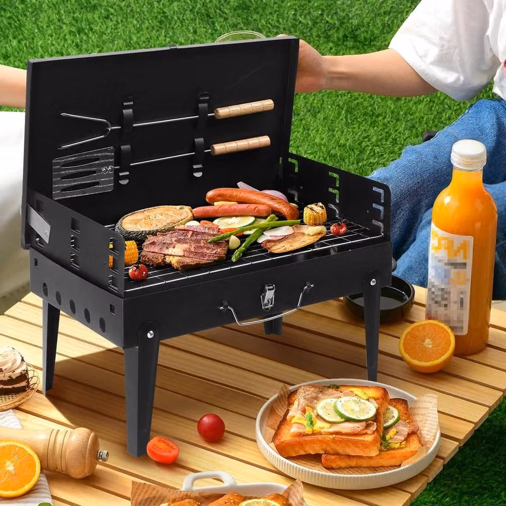 FLAVORA Foldable Portable Mini Charcoal BBQ Grill in Black with Cast Iron Tabletop – 4