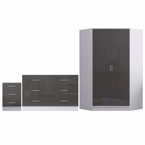 Reflect Modern Bedroom Furniture Bundle - Corner Wardrobe, 6 Drawer Chest and 3 Drawer Bedside - Gloss Grey and Matt White – 3