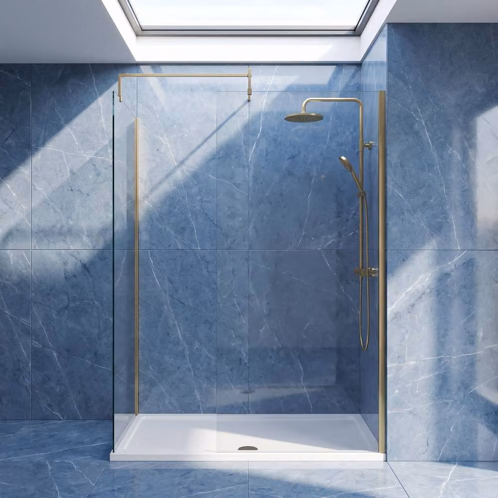 Balterley Walk-In Wetroom Bundle with Rectangular Tray and Fixed Glass in Brushed Brass Gold, W: 1400 mm, D: 700 mm – 3