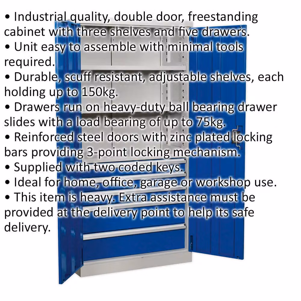 Loops Blue Industrial Steel Double Door Cabinet with 5 Drawers and 3 Shelves, H 180 x W 90 x D 45 cm – 2