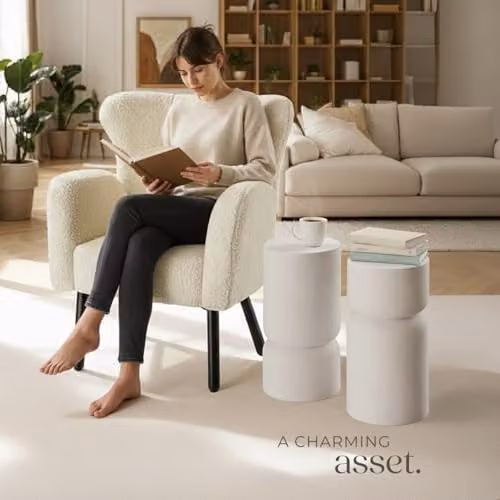tectake Set of 2 Modern Chubby Design Side Tables in White Magnesium Oxide Composite, W/D/H: 28.0 x 28.0 x 54.5 cm – 2