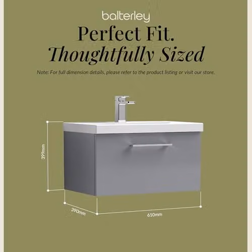 Balterley Wall Hung Single Drawer Vanity Unit with Mid Edge Sink and Handle, Grey, W: 61.0 cm, D: 39.0 cm, H: 39.9 cm – 2