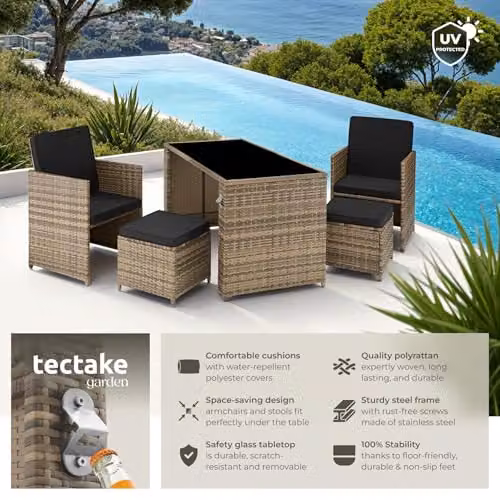 tectake 5-Piece Poly Rattan Lounge Garden Furniture Set in Sand with Table, Armchairs, Ottoman and Upholstered Cushions – 2