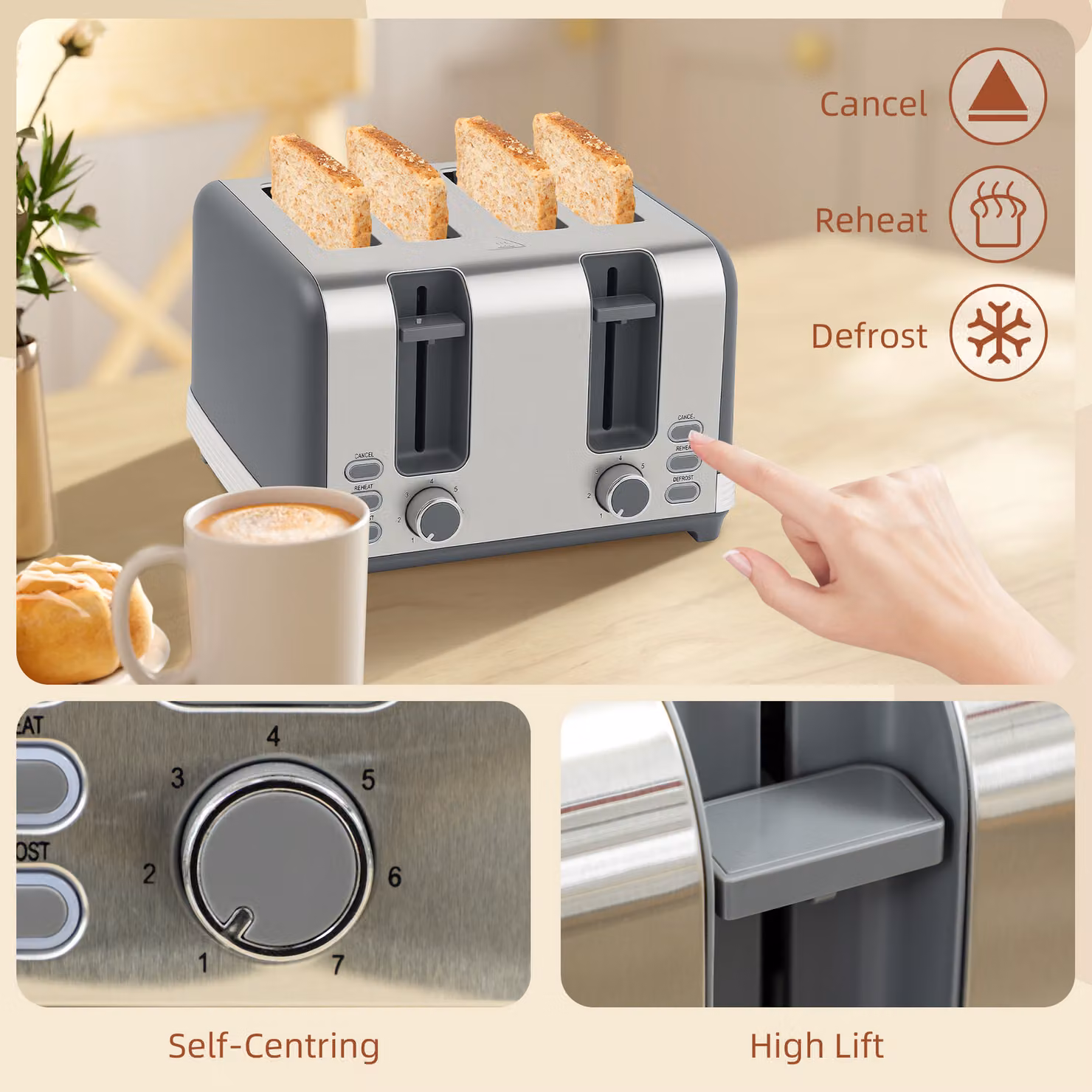 HOMCOM Stainless Steel Kettle and Toaster Set in Grey and Silver Tone, 1.7L Rapid Boil Jug Kettle and 4 Slice Toaster – 3