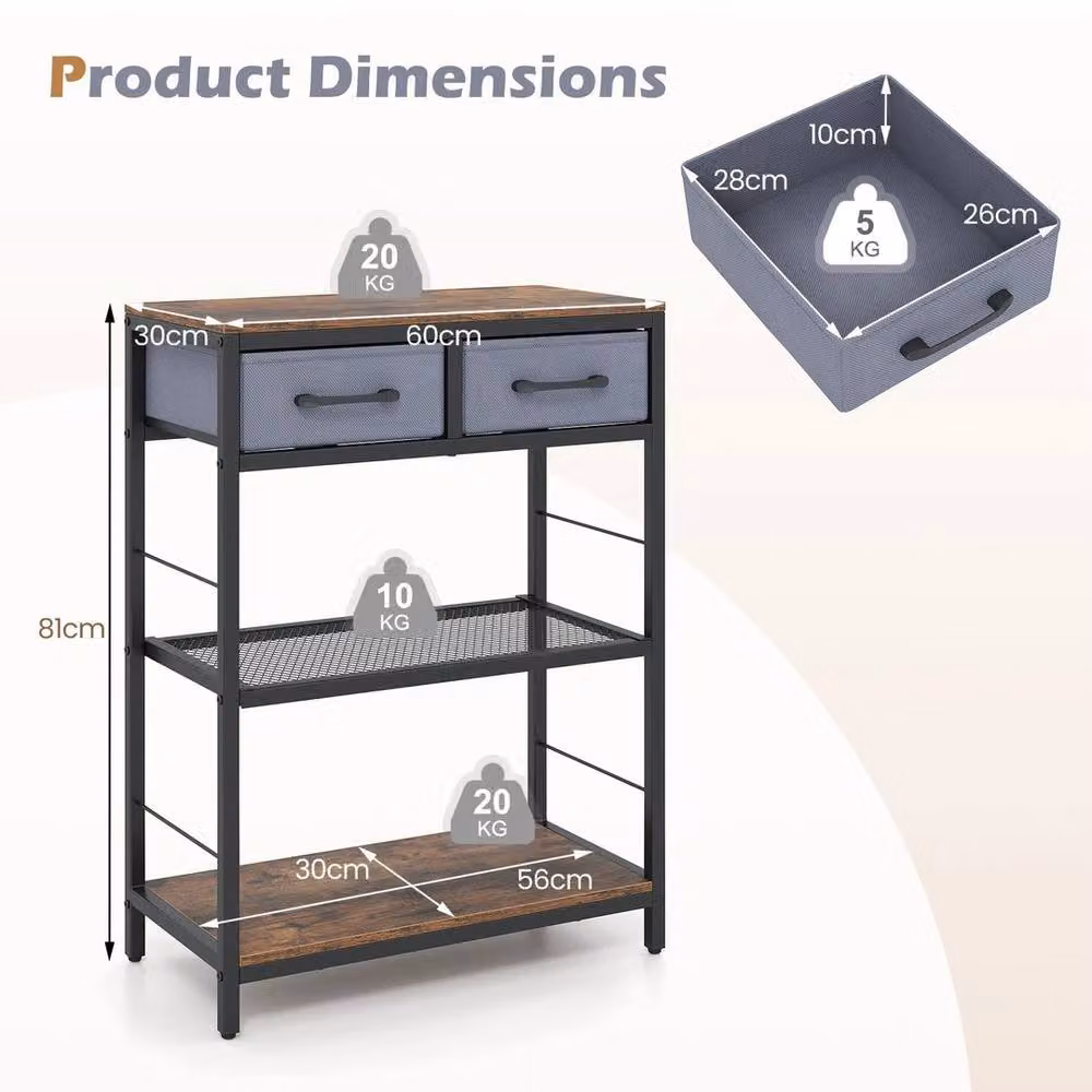 KORVIXA 3-Tier Rustic Brown Wood and Metal Entryway Storage Rack, W: 100 cm, H: 81 cm – 2