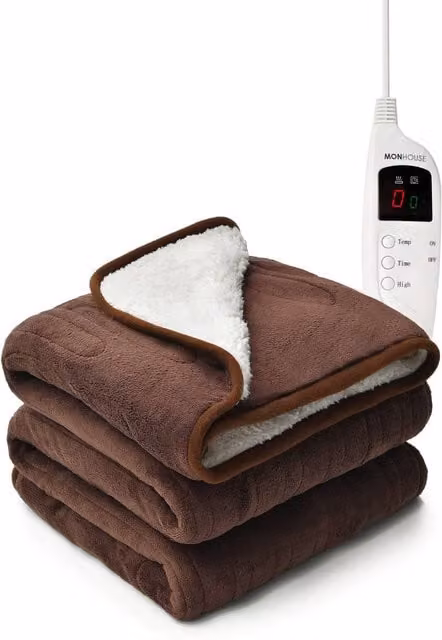 MONHOUSE Heated Electric Throw with 9 Heat Settings and 9H Timer, Brown Shearling Fleece Blanket, Single