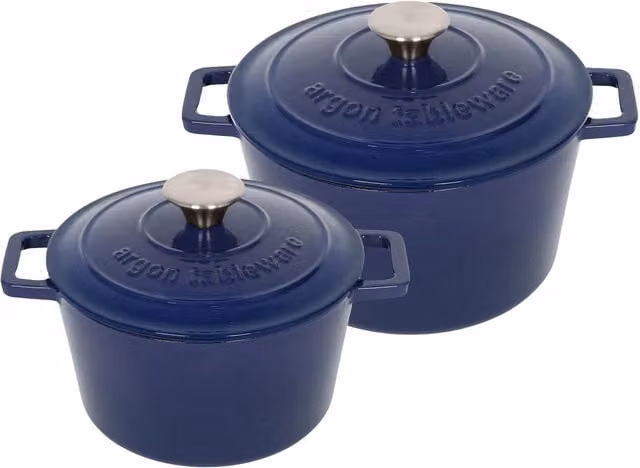 Argon Tableware 2pc Round Cast Iron Casserole Dish Set with Lids, 2.8l and 4.5l, Navy Blue – 1