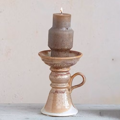 Creative Co-Op Brown Stoneware Pillar Candle Holder with Reactive Glaze – 2