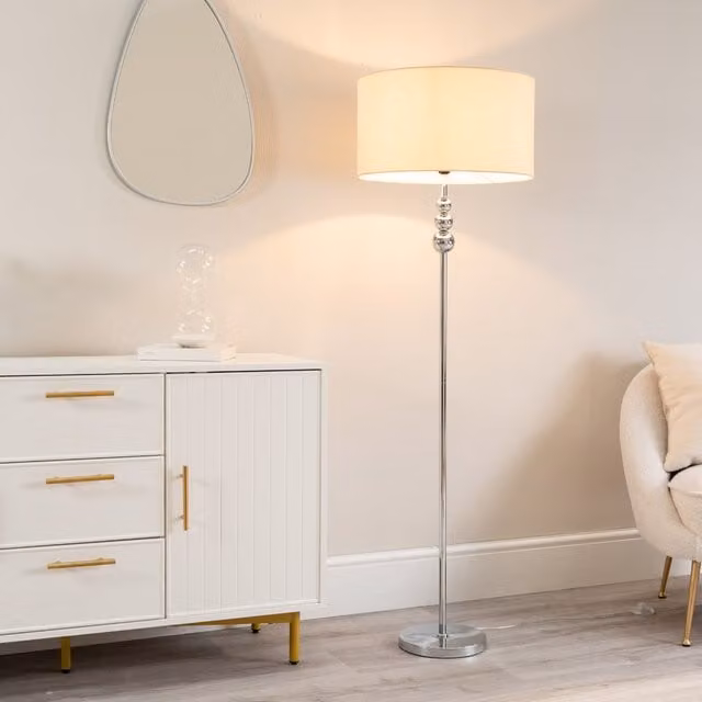 ValueLights Marissa Chrome Floor Lamp with Yellow Fabric Drum Shade and Bulb