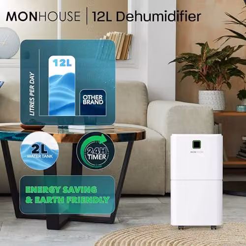 MONHOUSE 12L/Day Digital Dehumidifier in White with Sleep Mode and 24HR Timer – 3