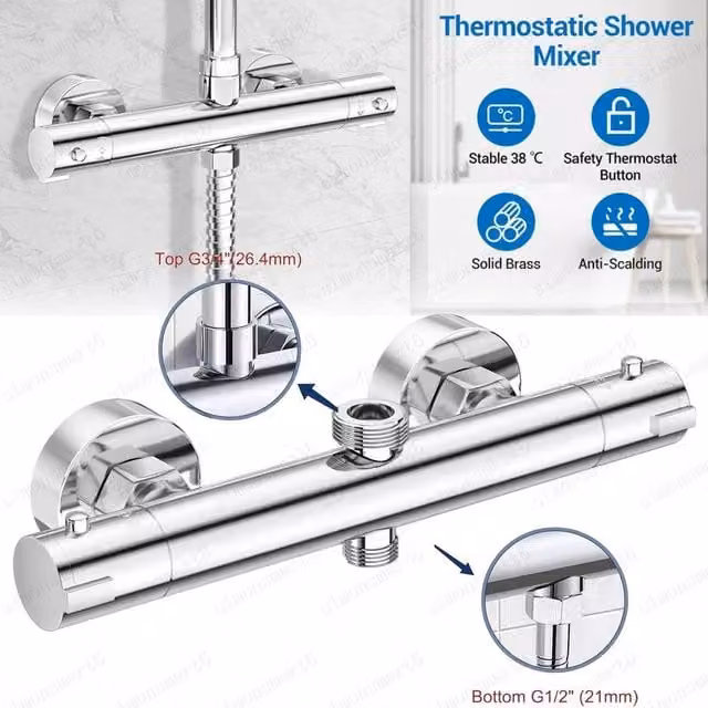 FLAVORA Twin Outlet Thermostatic Shower Bar Mixer Valve with Single Lever in Silver