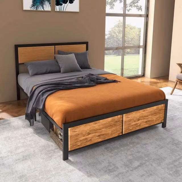 HOMCOM Industrial Bed Frame with Headboard in Brown Metal and Wood, 195cm