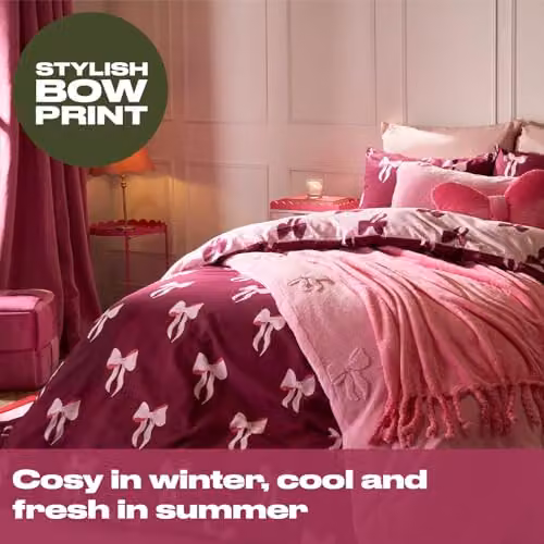 OHS Reversible Microfibre Bow Bedding Set with Duvet Cover and Pillowcase, Pink and Red, W/D/H: 200 x 200 x 200 cm – 3