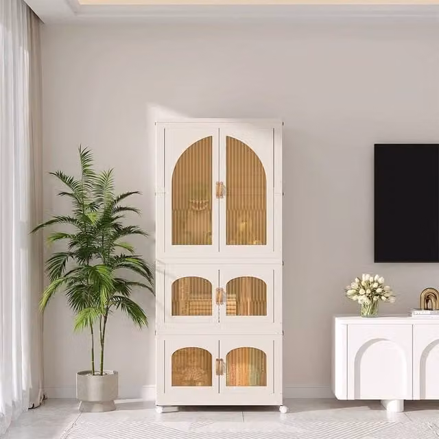 KORVIXA Extra Large Plastic Wardrobe in Beige with Transparent Doors, H 156 cm x W 100 cm