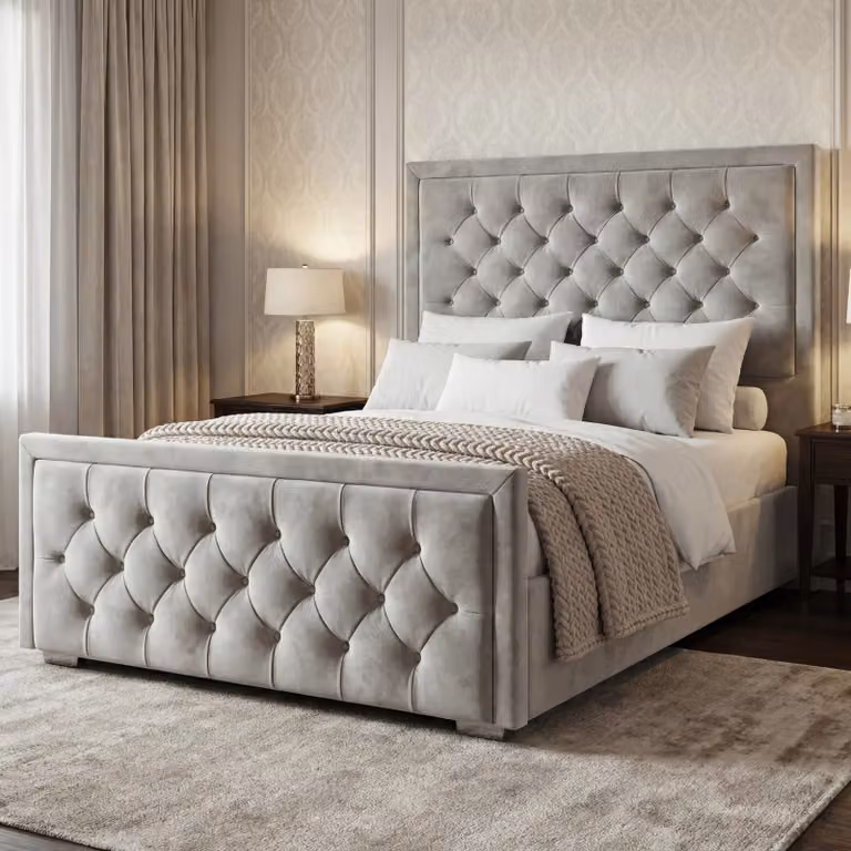 DHS Cross Puffed Velvet Ottoman Storage Bed in Grey, King Size (180 x 200 cm)