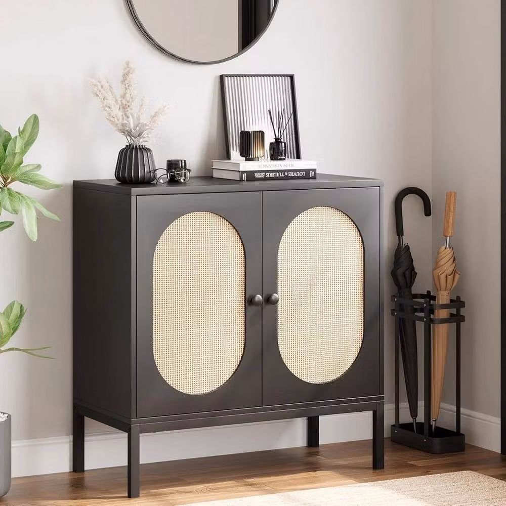 VOGREX Black Rattan Sideboard Storage Cabinet Freestanding Boho Kitchen Cupboard – 3