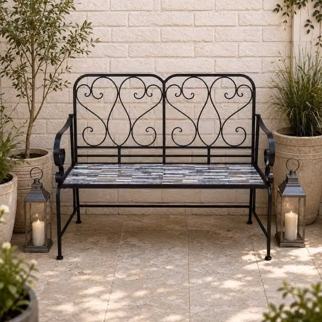 Shatchi Oasis Mosaic 2 Seater Garden Bench with Black Metal Frame and Geometric Ceramic Tile Seat