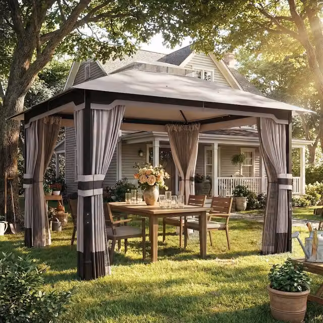Outsunny Outdoor Garden Gazebo with Netting and Curtains, Khaki/Beige, W: 360 cm, D: 300 cm