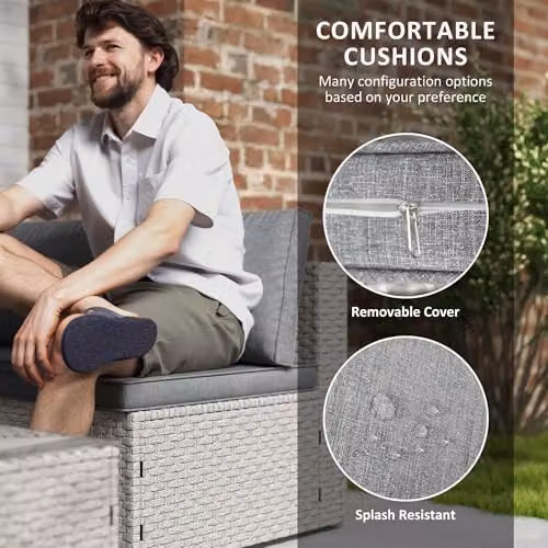 Outsunny 7 Piece Grey Rattan Garden Furniture Set with Upholstered Cushions and Coffee Table for 6 Adults – 5