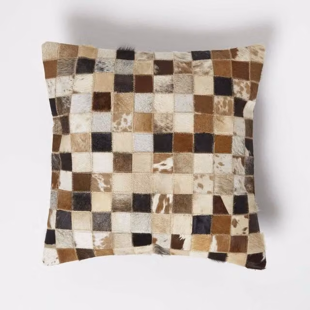 Homescapes Checked Brown and Cream Leather Square Cushion, 45 x 45 cm