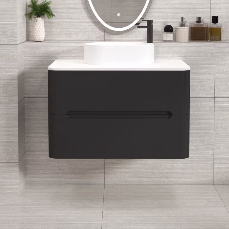 Royal Bathrooms Venice 800mm Matt Nocturne Black Wall Hung 2 Drawer Vanity Unit with Plain White Worktop and Peak Basin
