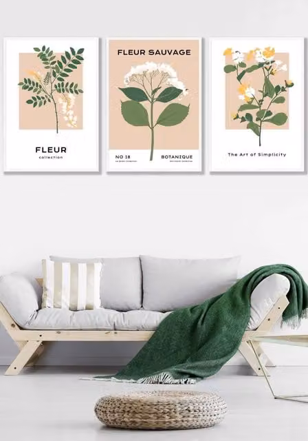 ARTZE Set of 3 Vintage Yellow Wild Flower Market Wall Art, White Framed, W: 53 cm, H: 73 cm, D: 0.2 cm