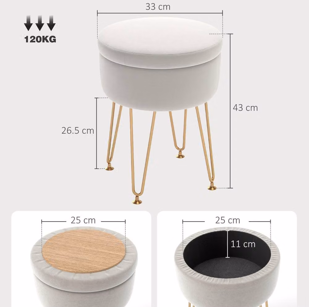 STILVORA Cream Velvet Cylindrical Storage Ottoman with Gold Metal Legs – 2