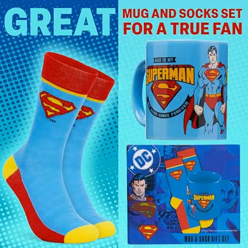 DC Comics Superman Mug and Calf Socks Set in Blue and Red, 315ml – 2