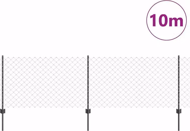 vidaXL Modern Grey Steel Chain Link Fence with 10 U-Profile Posts, W: 10 m, H: 0.8 m