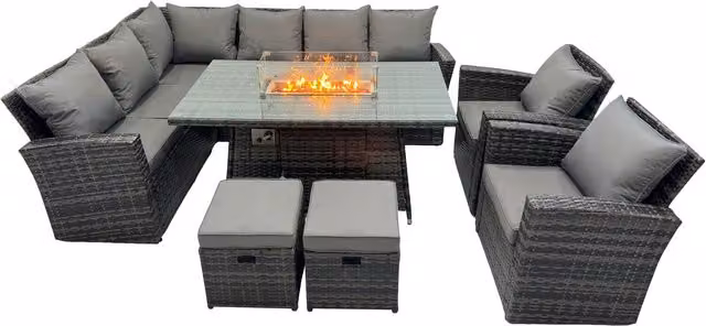 Fimous Outdoor Poly Rattan Corner Sofa Set with Gas Fire Pit Table in Dark Grey Mixed