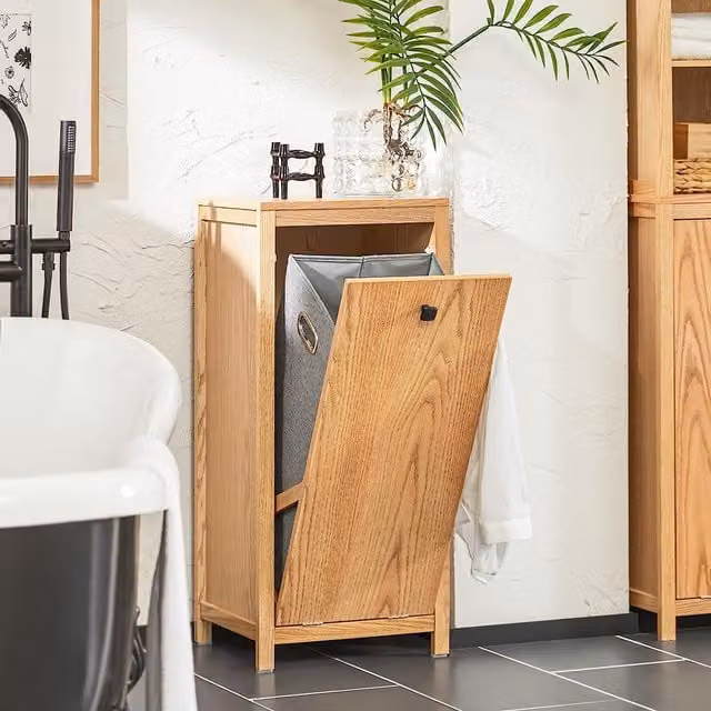 SoBuy Modern Brown Wooden Laundry Chest and Bathroom Cabinet with Laundry Basket