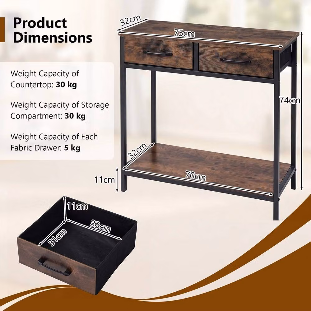 VOGREX Modern Small Entryway Table with 2 Fabric Drawers and Open Compartment in Brown and Black – 3