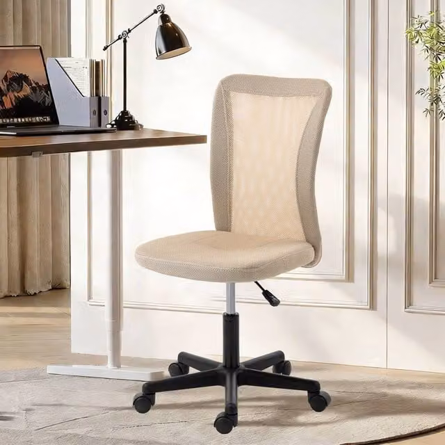 Vinsetto Armless Swivel Task Chair in Beige Fabric with Metal Base and Castors – 1
