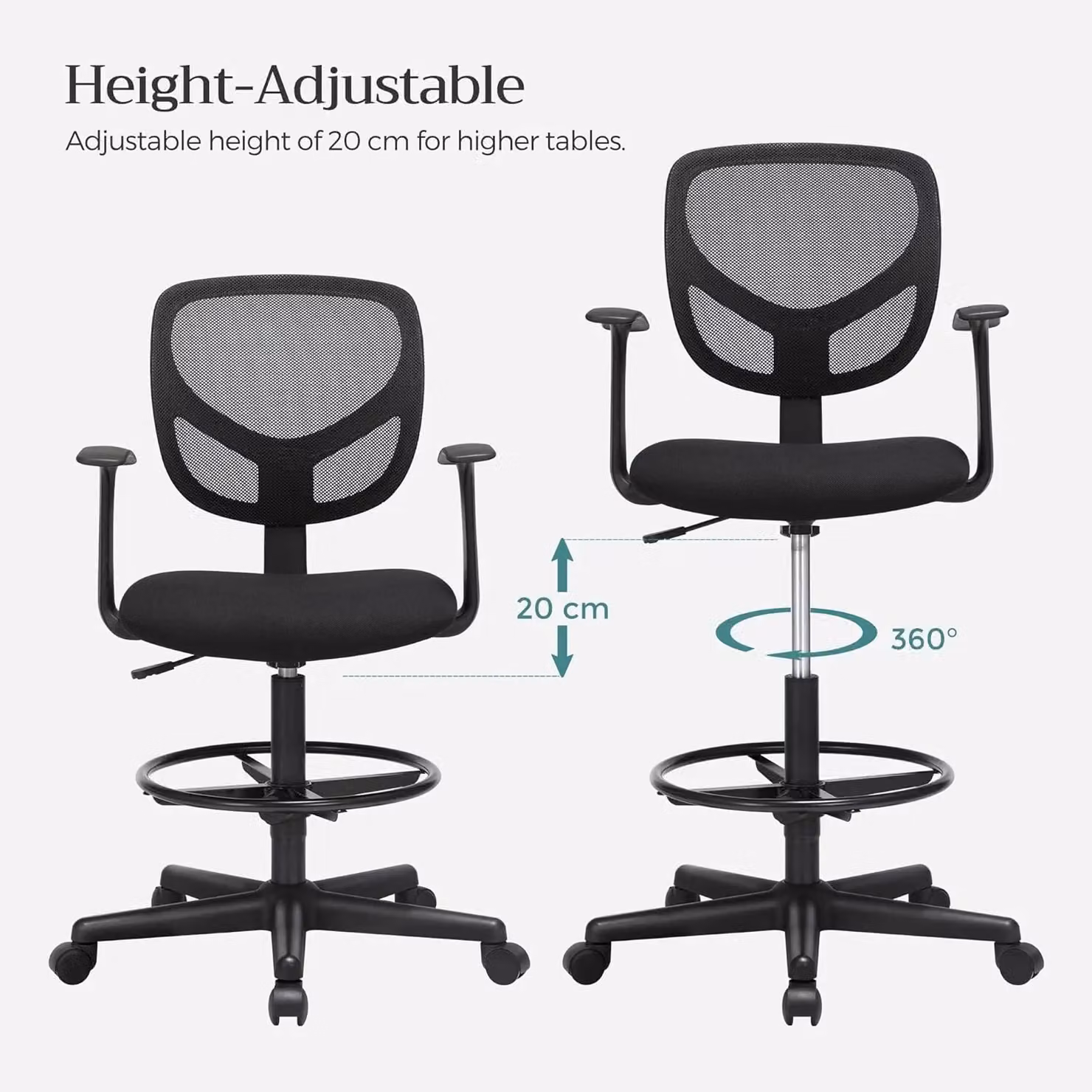 SONGMICS Black Mesh Drafting Chair with Armrests, Height Adjustable Footrest and Castors – 4