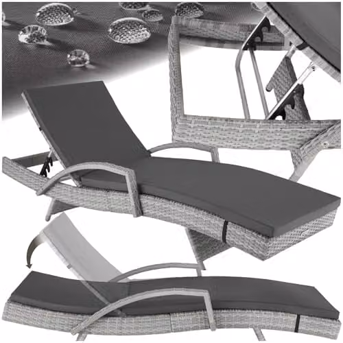 tectake Rattan Sun Lounger with 5-Position Adjustable Backrest and Soft Cushion in Light Grey – 1