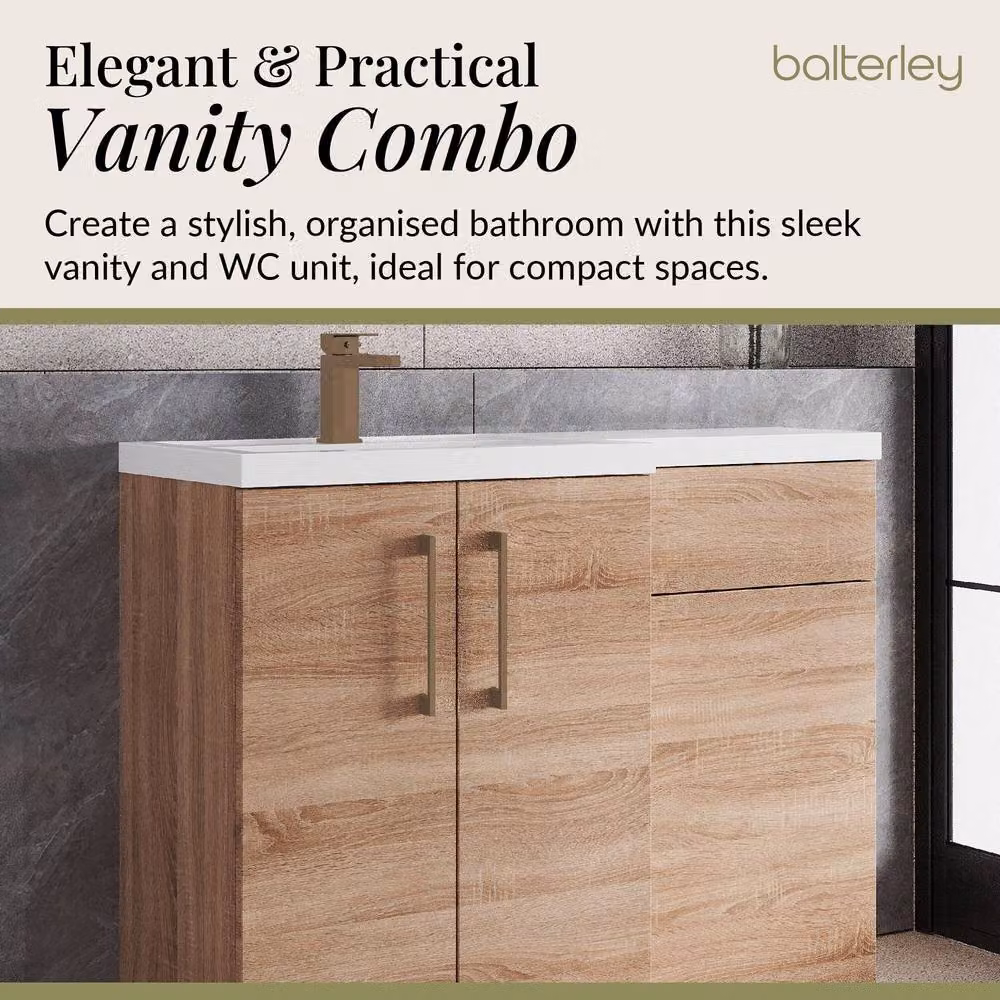 Balterley Modern Freestanding Left-Hand Vanity Unit in Matt Brown Woodgrain Light Oak, W: 110 cm, H: 84 cm – 2