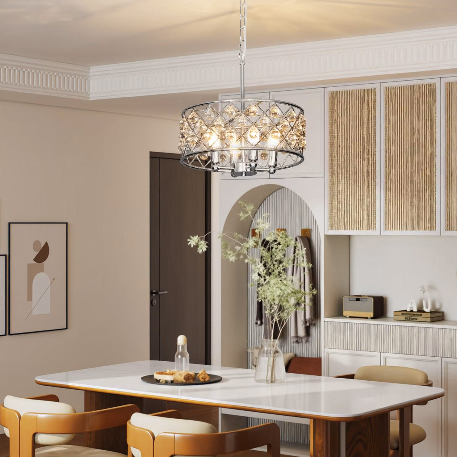 HOMCOM 51 Crystallite Four-Bulb Chandelier in Silver-Tone with Crystal and Metal Details, Height Adjustable – 2