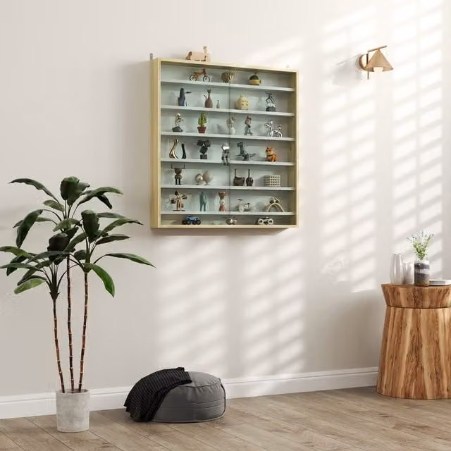 HOMCOM 7 Tier Wall Mounted Display Cabinet with Glass Doors in Oak