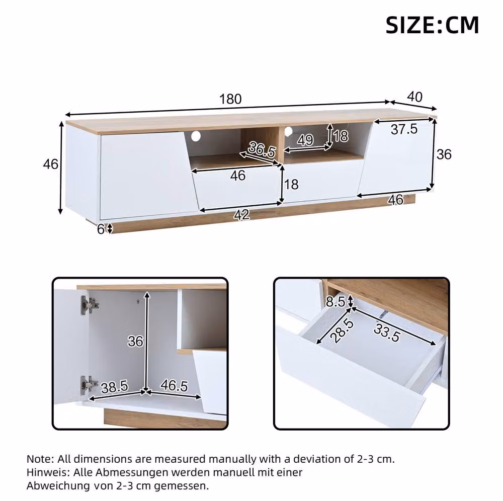 STILVORA TV Stand with LED Lighting, Drawers and Cabinets in White and Oak – 4