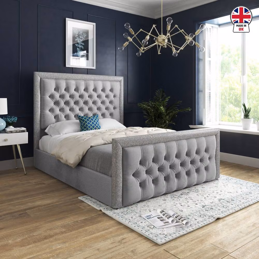 KDMD Wappenham Small Single Upholstered Designer Bed Frame in Grey Soft Velvet with Glitter Border – 3