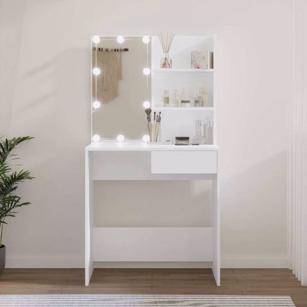 Berkfield Home White Dressing Table with Hollywood LED Mirror, W/D/H: 74.5 x 40 x 141 cm – 2