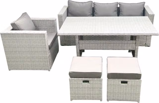 Fimous Garden Outdoor Rattan Dining Set with Sofa, Dining Table and Footstools in Light Grey